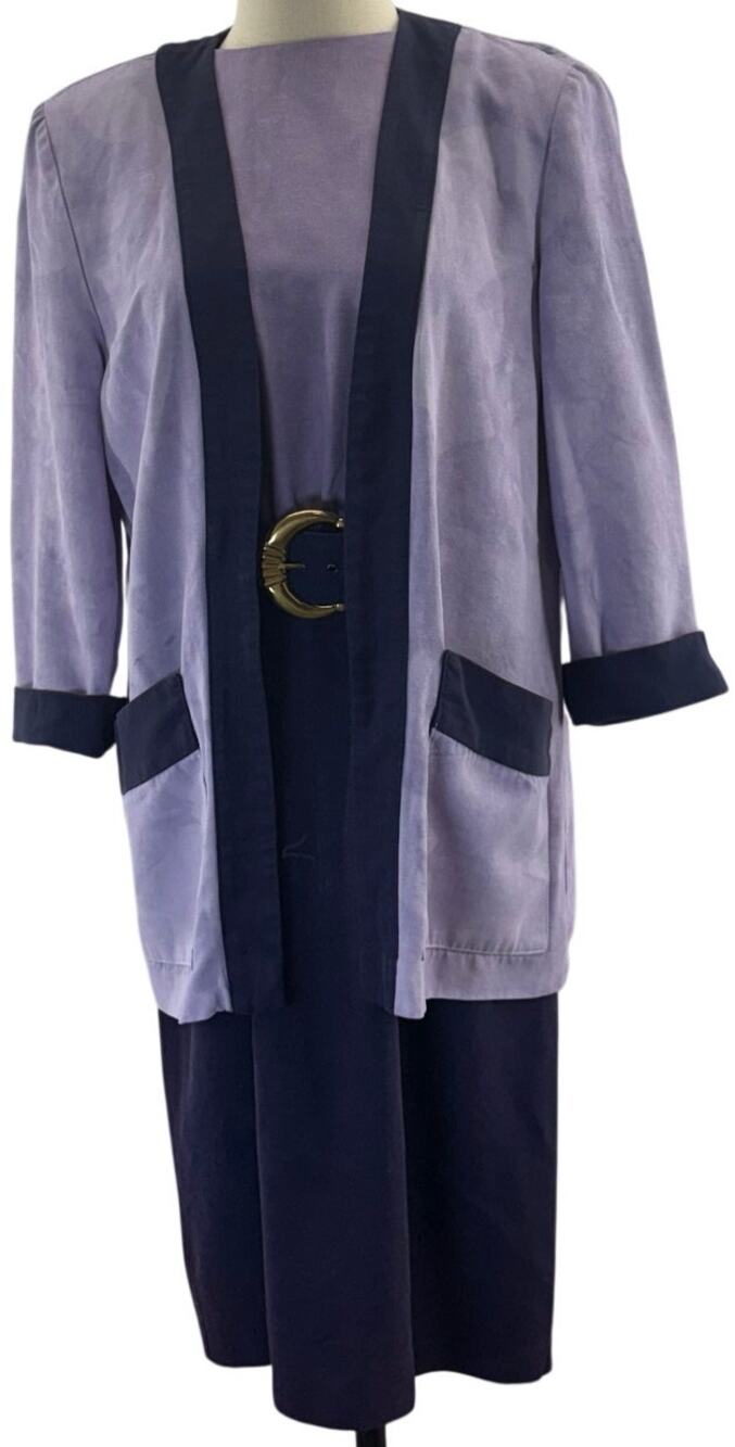 Vintage 80s Women's Medium BGB Rayon Dress Jacket Set Navy Lavender Belted